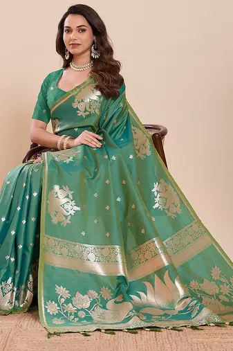 green art silk woven kanjivaram silk saree with blouses