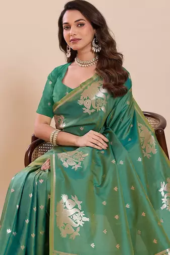 green art silk woven kanjivaram silk saree with blouses