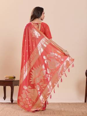 orange art silk woven kanjivaram silk saree with blouses 3