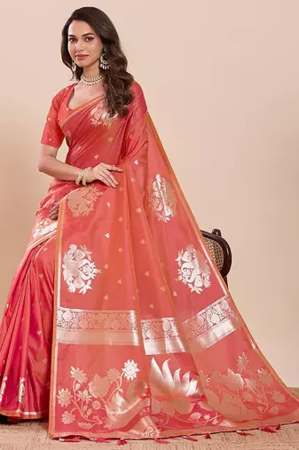 orange art silk woven kanjivaram silk saree with blouses