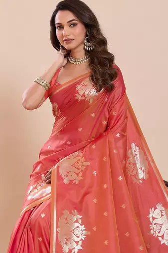 orange art silk woven kanjivaram silk saree with blouses