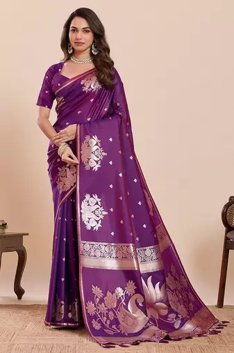 purple art silk woven kanjivaram silk saree with blouses