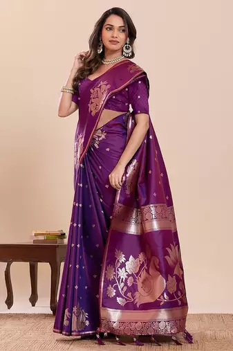 purple art silk woven kanjivaram silk saree with blouses