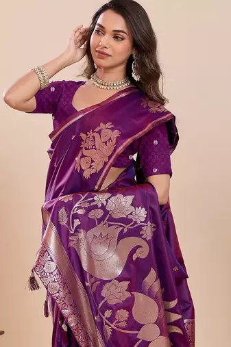 purple art silk woven kanjivaram silk saree with blouses