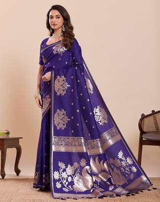 violet art silk woven kanjivaram silk saree with blouses 2