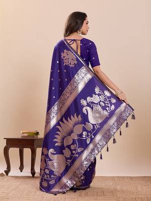 violet art silk woven kanjivaram silk saree with blouses 3
