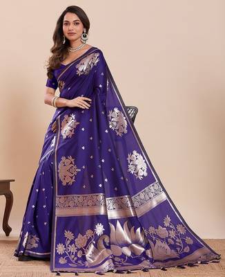 violet art silk woven kanjivaram silk saree with blouses 4
