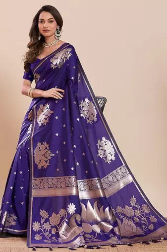 violet art silk woven kanjivaram silk saree with blouses