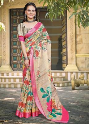 beige printed pure cotton beige saree with blouse 1