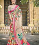 beige printed pure cotton beige saree with blouse