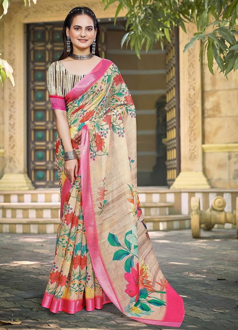 beige printed pure cotton beige saree with blouse