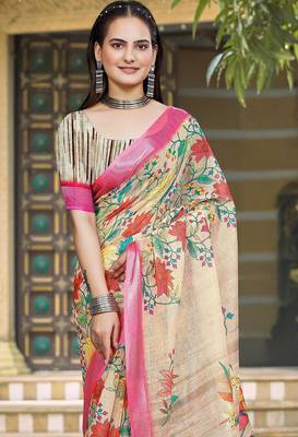 beige printed pure cotton beige saree with blouse 2