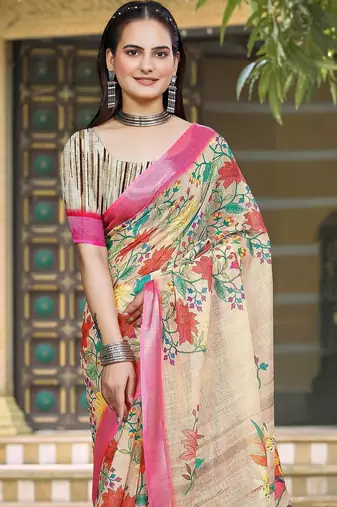 beige printed pure cotton beige saree with blouse