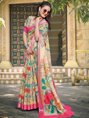 beige printed pure cotton beige saree with blouse 3