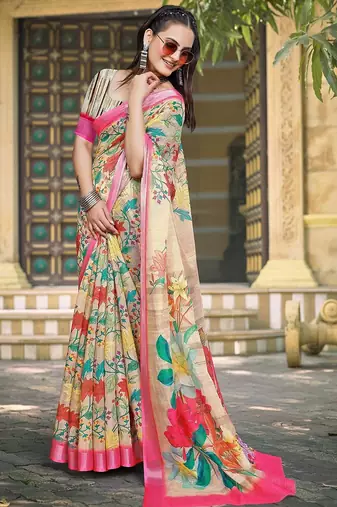 beige printed pure cotton beige saree with blouse