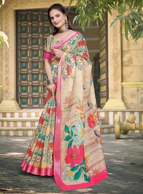 beige printed pure cotton beige saree with blouse 4