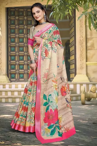 beige printed pure cotton beige saree with blouse