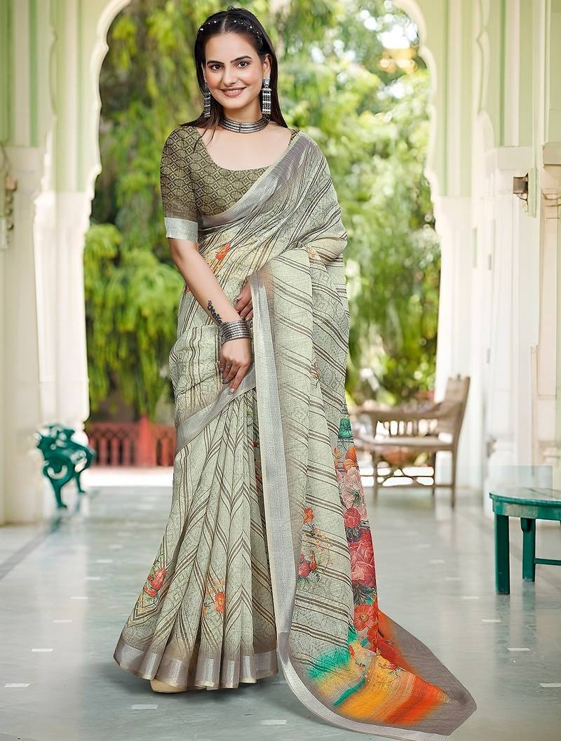 multicolor printed pure cotton multicolor saree with blouse