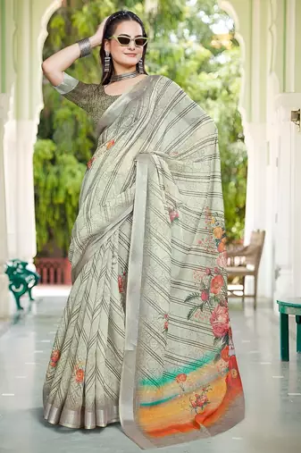multicolor printed pure cotton multicolor saree with blouse