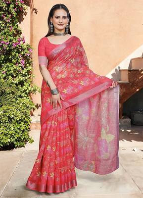 red printed pure cotton red saree with blouse 1