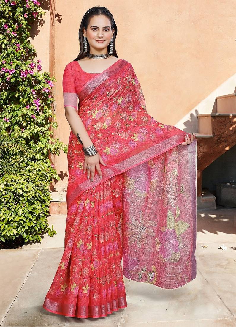 red printed pure cotton red saree with blouse