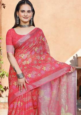 red printed pure cotton red saree with blouse 2