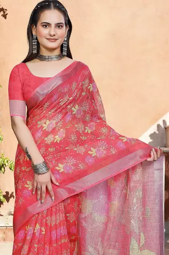 red printed pure cotton red saree with blouse