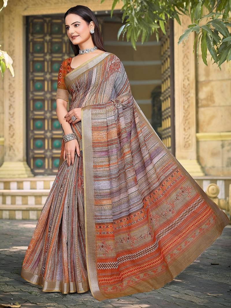 multicolor printed pure cotton multicolor saree with blouse