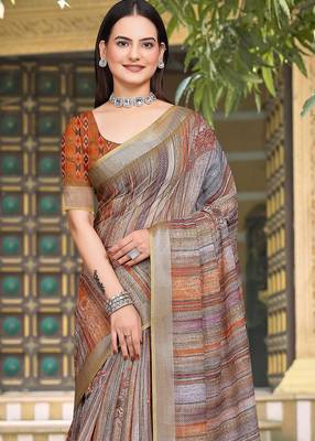 multicolor printed pure cotton multicolor saree with blouse 2