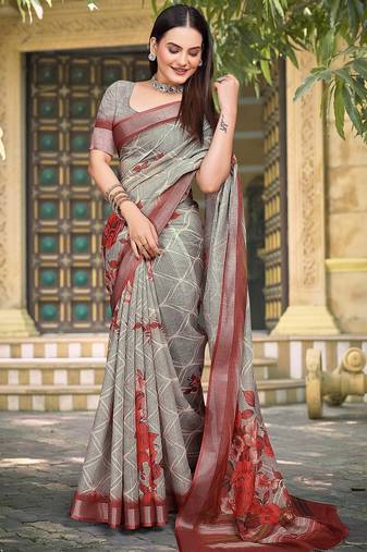 grey printed pure cotton grey saree with blouse