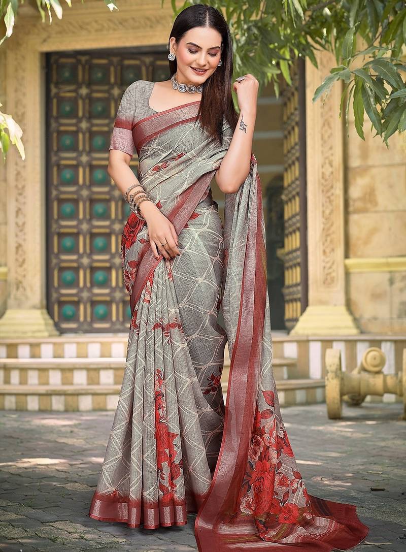 grey printed pure cotton grey saree with blouse