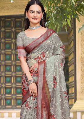 grey printed pure cotton grey saree with blouse 2