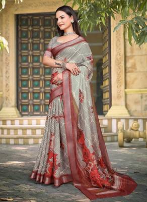 grey printed pure cotton grey saree with blouse 3