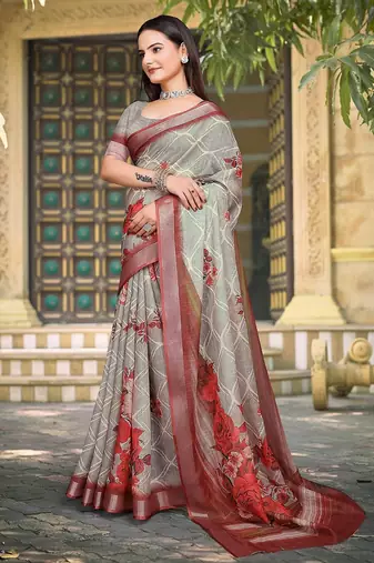 grey printed pure cotton grey saree with blouse