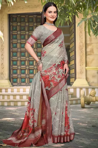 grey printed pure cotton grey saree with blouse