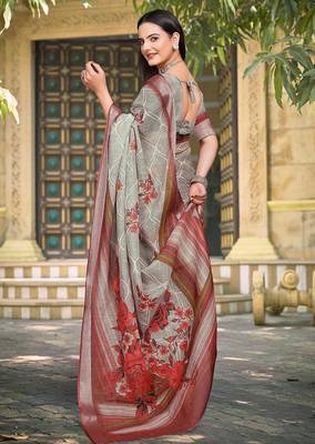 grey printed pure cotton grey saree with blouse 5