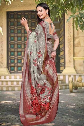grey printed pure cotton grey saree with blouse