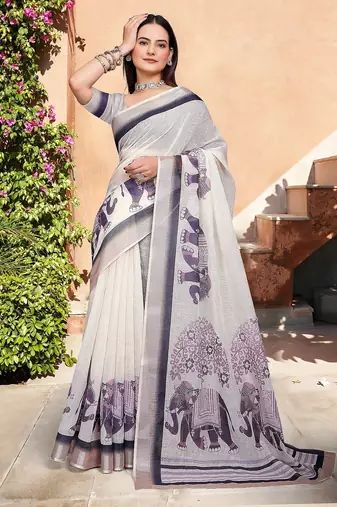 grey printed pure cotton beige saree with blouse