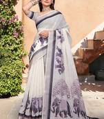 grey printed pure cotton beige saree with blouse
