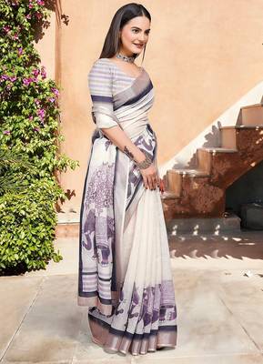 grey printed pure cotton beige saree with blouse 3