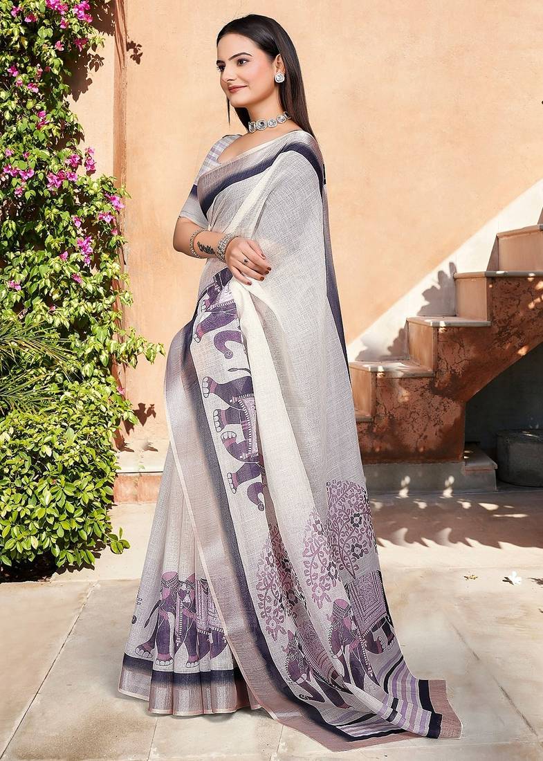 grey printed pure cotton beige saree with blouse