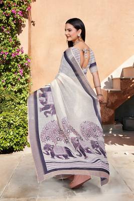 grey printed pure cotton beige saree with blouse 5