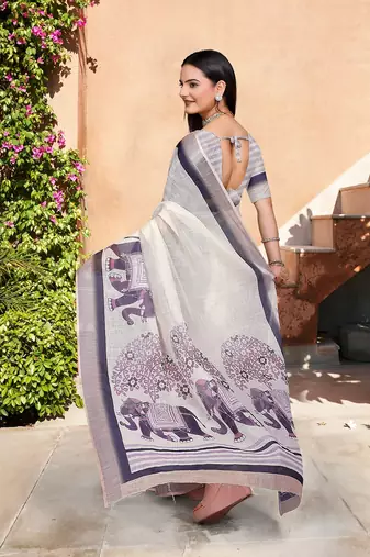 grey printed pure cotton beige saree with blouse