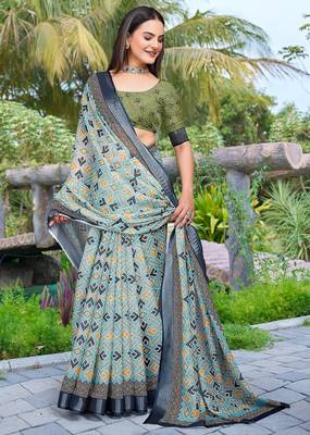multicolor printed pure cotton multicolor saree with blouse 1