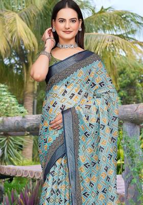 multicolor printed pure cotton multicolor saree with blouse 2