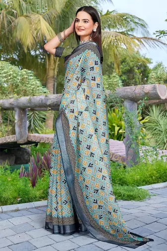 multicolor printed pure cotton multicolor saree with blouse