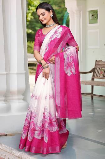 white printed pure cotton white, pink saree with blouse