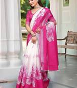 white printed pure cotton white, pink saree with blouse