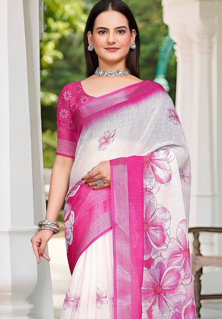 white printed pure cotton white, pink saree with blouse