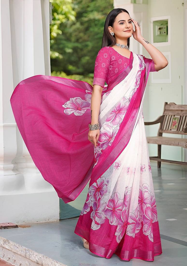 white printed pure cotton white, pink saree with blouse